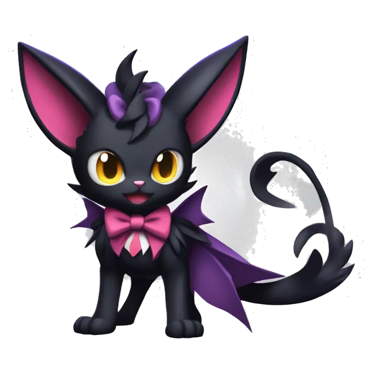 Shiny Dark Cool Shy Edgy Black beautiful fantasy Kawaii Sona Noibat-Litten-Fakemon-cat-animal with edgy bat-ears bow tie black emo-mane vtuber model Full Body