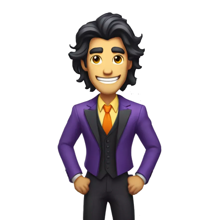 A thin, tall man with gray skin, long black hair, the man has a purple suit vest and an orange shirt, he has a big smile with yellow teeth in the style of the Hazbin Hotel.