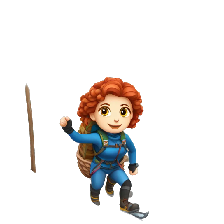 Greek Female winter mountaineer red hair white skin climbing with Greek Flag and Easter eggs basket