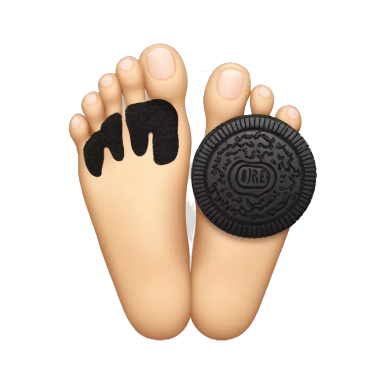 One bare foot with toes holding an oreo cookie between the big toe and the index toe