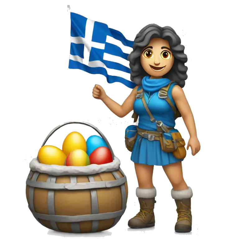 Greek Female mountaineer on mount everest with greek flag and easter eggs basket