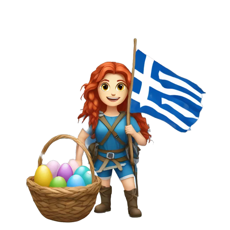 Greek Female winter mountaineer red hair white skin climbing with Greek Flag and Easter eggs basket