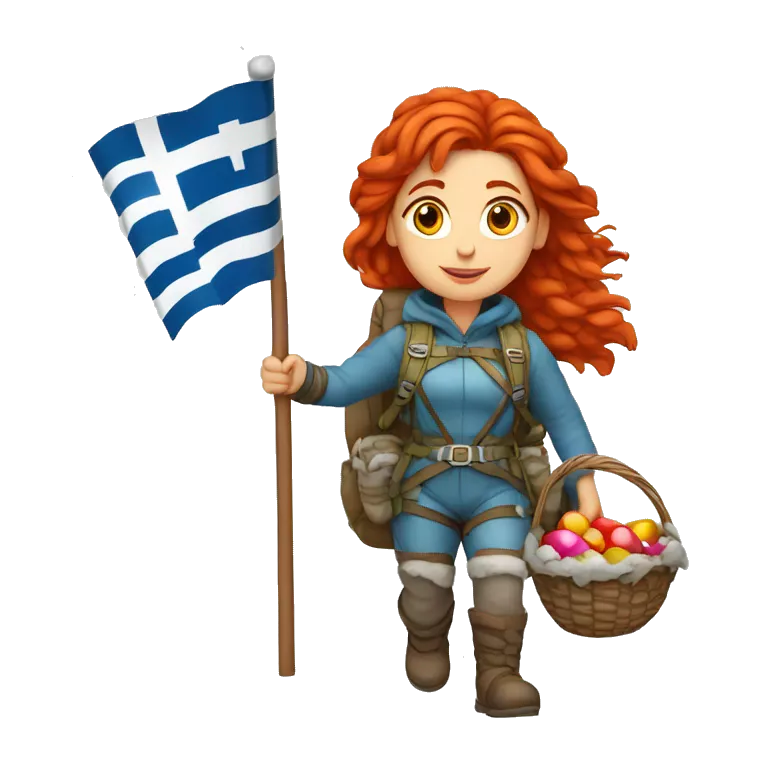 Greek Female winter mountaineer red hair white skin climbing with Greek Flag and Easter eggs basket