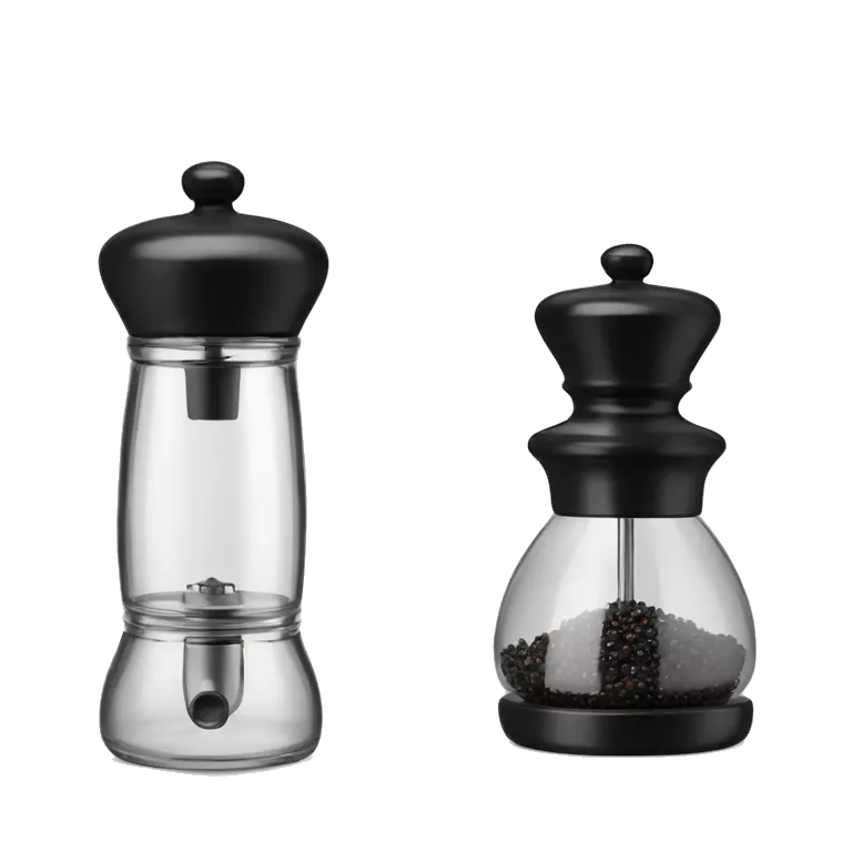 glass pepper mill with black pepper, and a salt glass dispenser