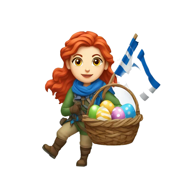 Greek Female winter mountaineer red hair white skin climbing with Greek Flag and Easter eggs basket