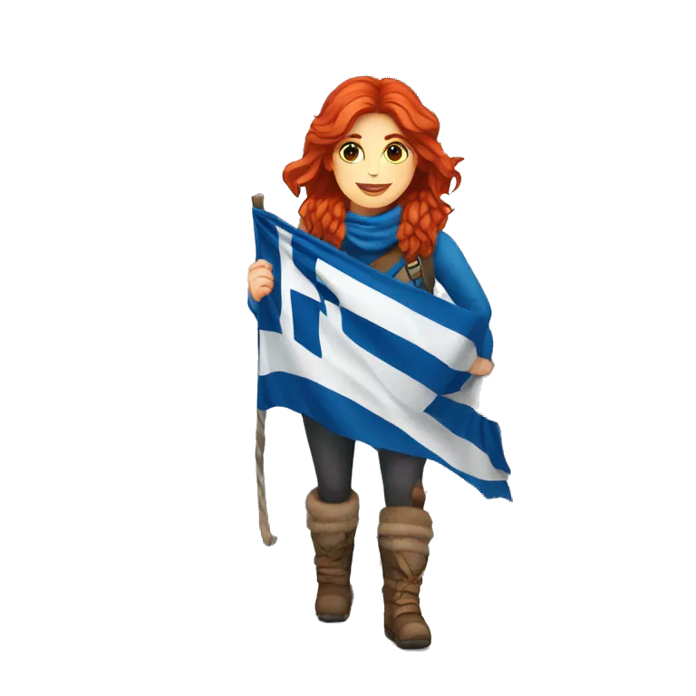 Greek Female winter mountaineer red hair white skin climbing with Greek Flag and Easter eggs basket
