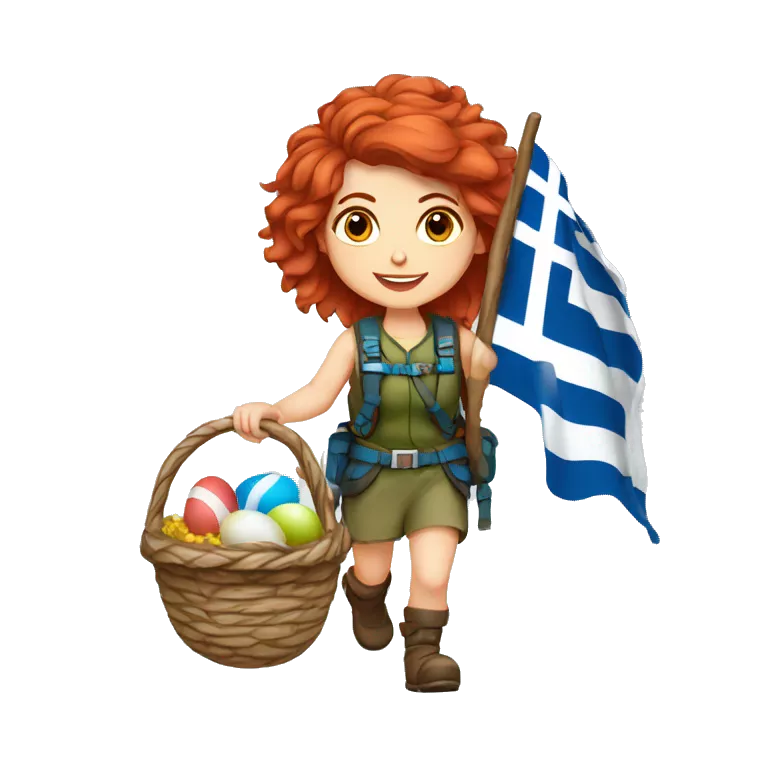 Greek Female winter mountaineer red hair white skin climbing with Greek Flag and Easter eggs basket