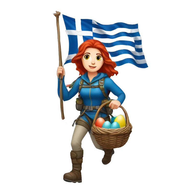 Greek Female winter mountaineer red hair white skin climbing with Greek Flag and Easter eggs basket