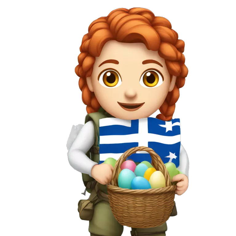 Greek Female winter mountaineer red hair white skin climbing with Greek Flag and Easter eggs basket