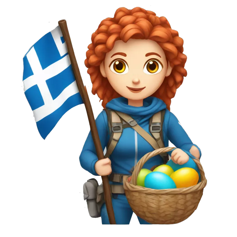 Greek Female winter mountaineer red hair white skin climbing with Greek Flag and Easter eggs basket
