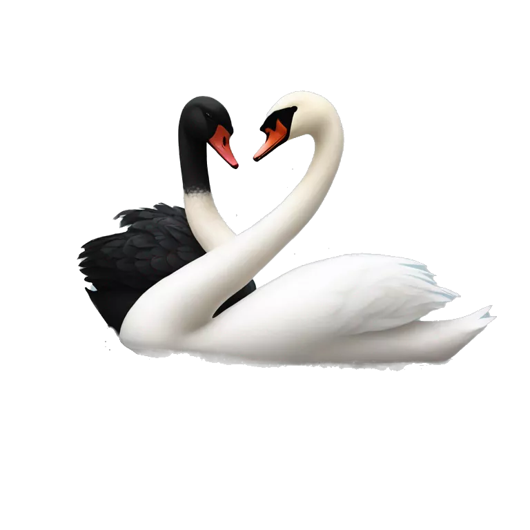 Black swan sitting on the left facing a white swan sitting on the right