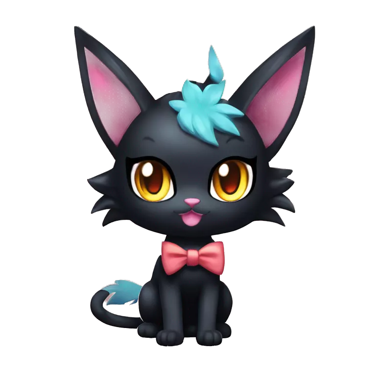 Shiny Dark Cool Edgy Black beautiful ethereal fantasy Kawaii Sona Litten-Fakemon-cat-animal with edgy bat-ears bow tie black emo-mane vtuber model Full Body