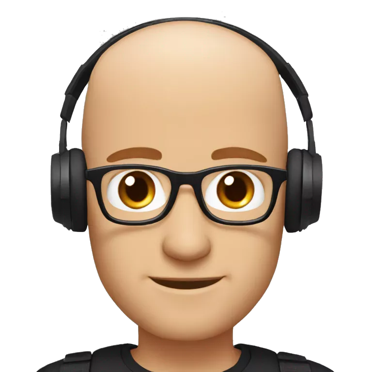 bald man, blue eyes, smiling with red patchy beard, wearing black framed glasses, wearing big black headphones