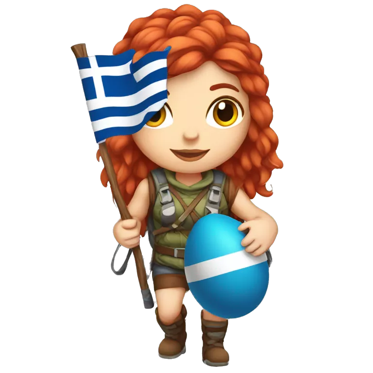 Greek Female winter mountaineer red hair white skin climbing with Greek Flag and Easter eggs basket