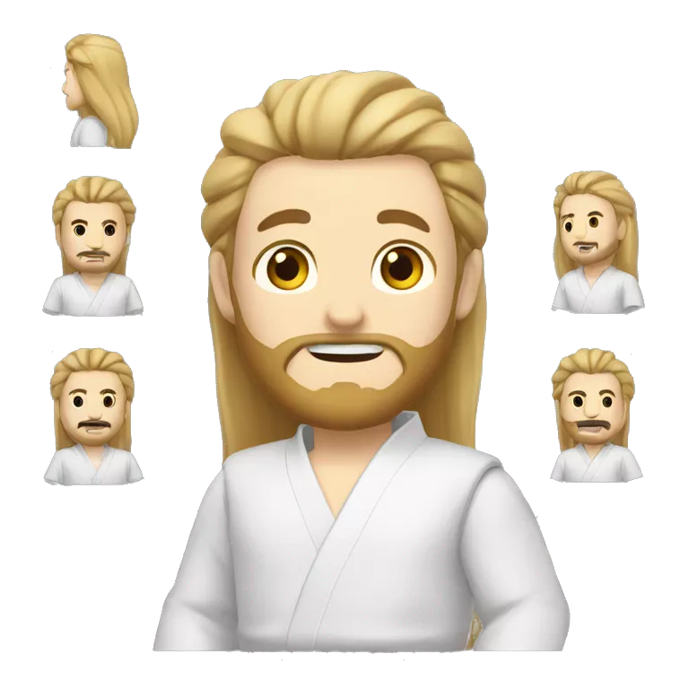 A man with long, light-colored hair tied back and a light-colored beard, wearing a karate gi, who does video editing