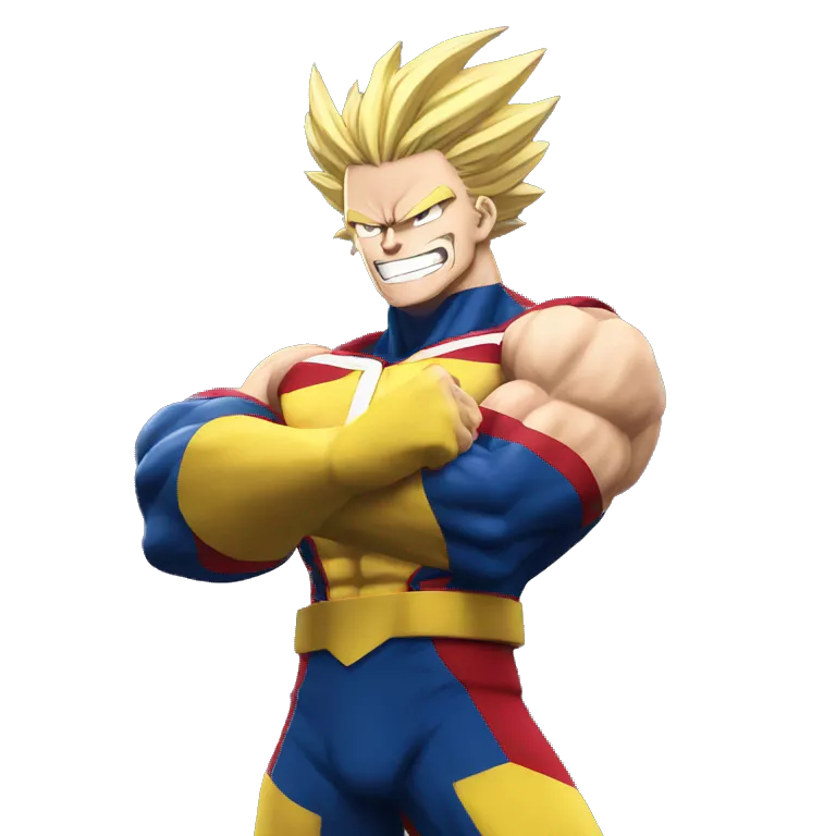 All might with his fist up, Smiling, saying