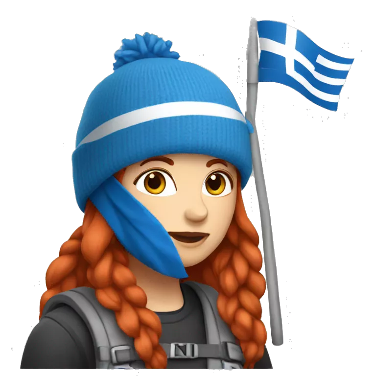 female mountaineer red hair blue beenie with easter egg and greek flag