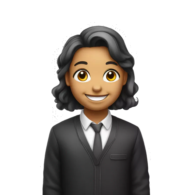 emoji en blanco y negro de una maestra de educación infantil joven con pelo largo sonrisa y ojos grandes y con una bata de clase