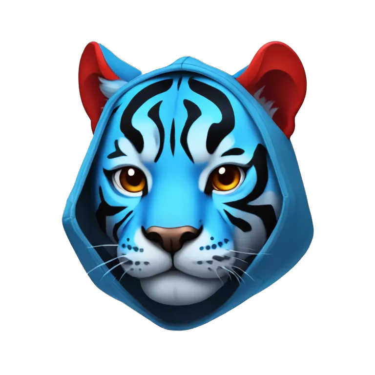 telegram sticker a A blue tiger with red stripes, red ears on the inside and black on the outside  wearing a hoodie