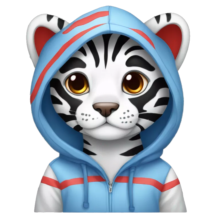 telegram sticker a A blue tiger with red stripes, red ears on the inside and black ears on the outside wearing a hoodie