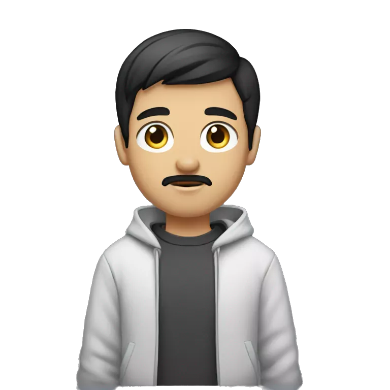 gamer boy with short shaved black hair, shaved goatee and mustache, black eyes and a sweatshirt.
