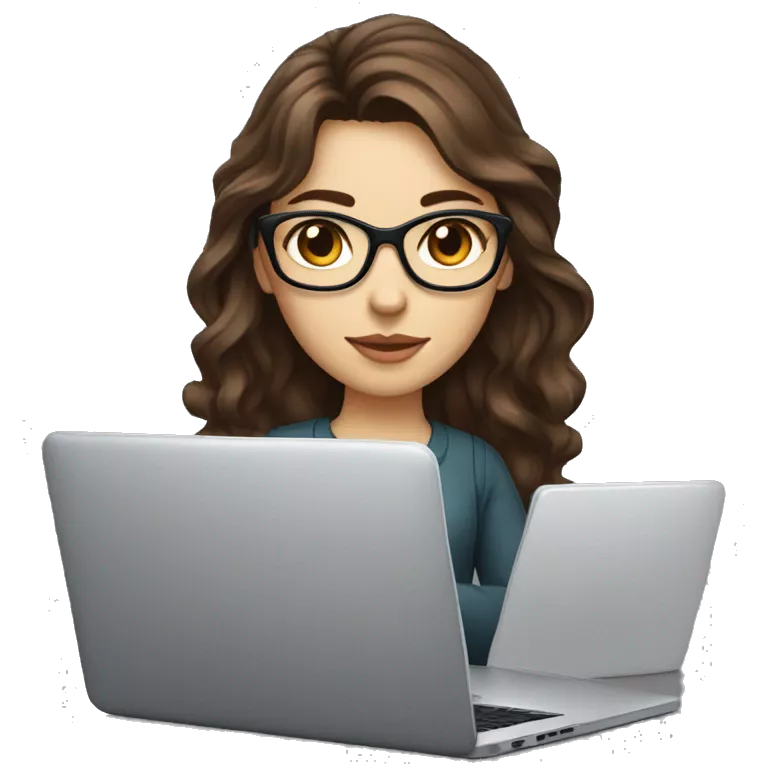 female coder with apple laptop in front of her, long wavy brown hair, brown eyes, type of glasses cat eyes, white skin, dark-brown wavy hair, red clothes