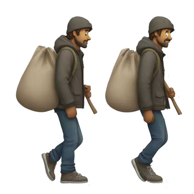 homeless man carrying a stick over his shoulder with a bag on the end