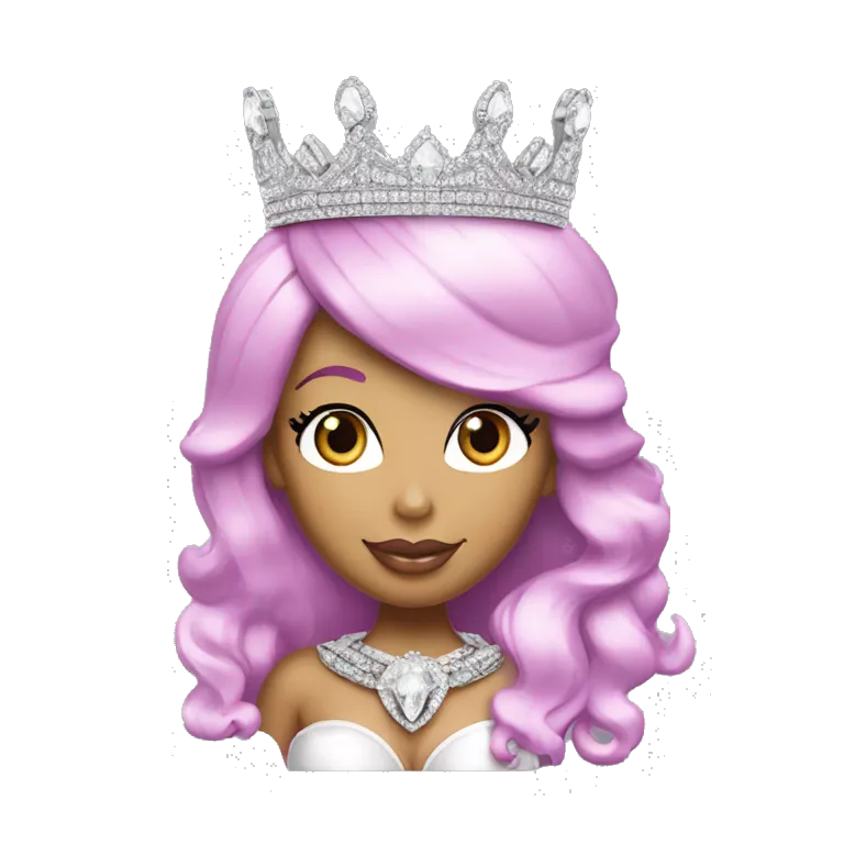 Nicki Minaj with a crown on and a diamond chain that says “queen”. Her crown is sparkly and silver tiara