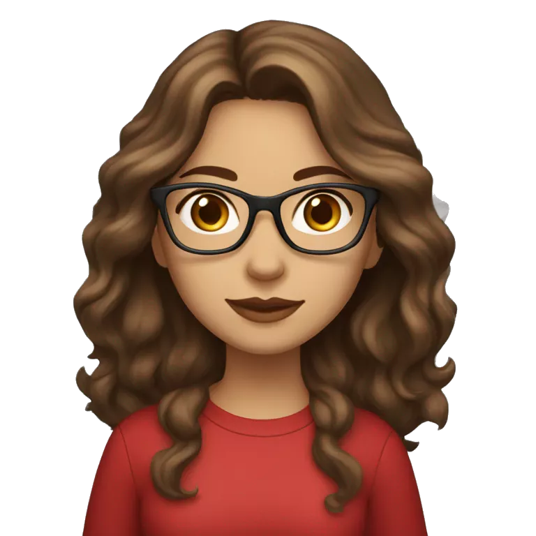 female coder with apple laptop in front of her, long wavy brown hair, brown eyes, type of glasses cat eyes, light skin, dark-brown wavy hair, red clothes