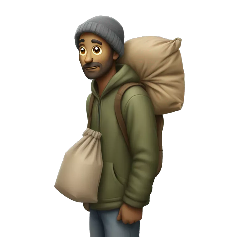 homeless man with bag on stick over shoulder