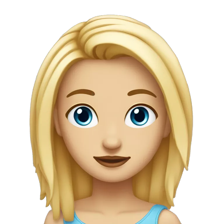 Chica con piel palida y ojos azules, con pelo rubio claro corto con fleco, con dos mechones largos por los costados