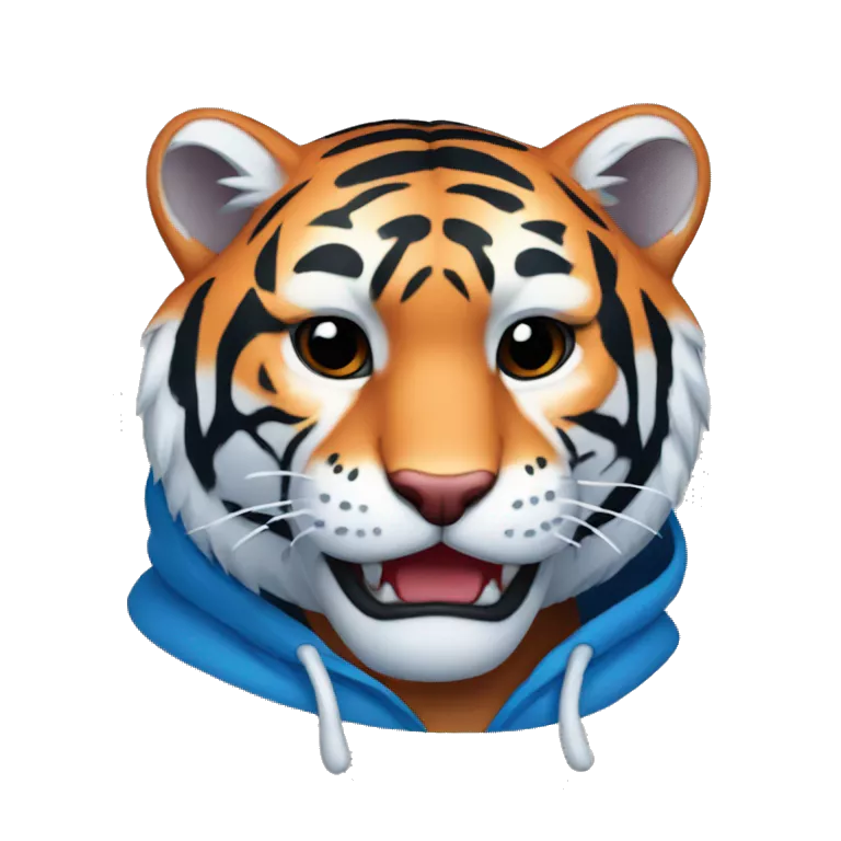 telegram sticker a A blue tiger with red stripes, red ears on the inside and black on the outside  wearing a hoodie
