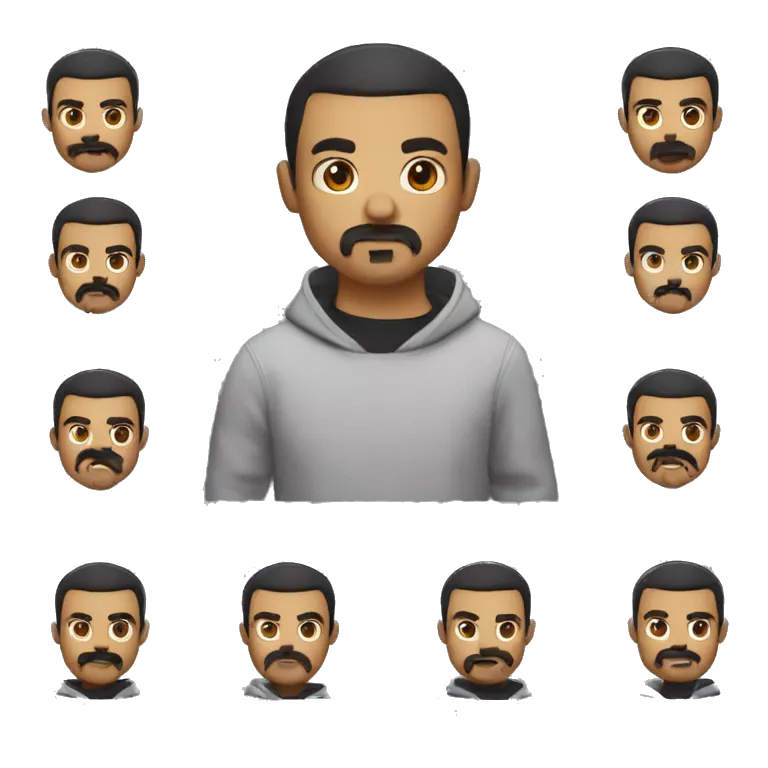 emotes for twich, with different expressions where the character is a gamer guy with short black shaved hair and a shaved goatee and mustache, black eyes and a sweatshirt.