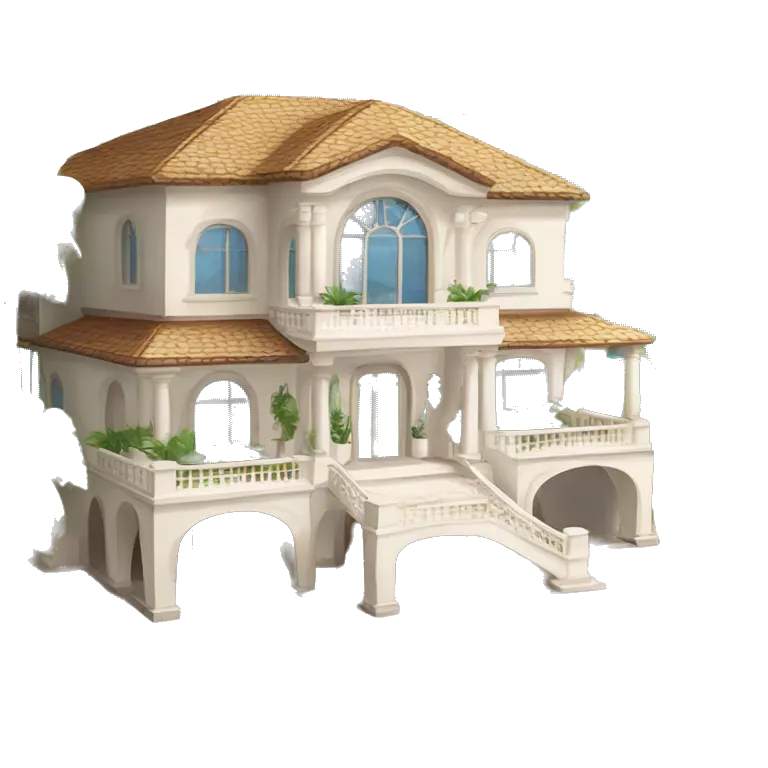 A luxurious beach mansion. Surrounded by palm trees. Located on a pristine white sand beach. The mansion should look grand and opulent, with large windows and possibly a balcony or terrace.