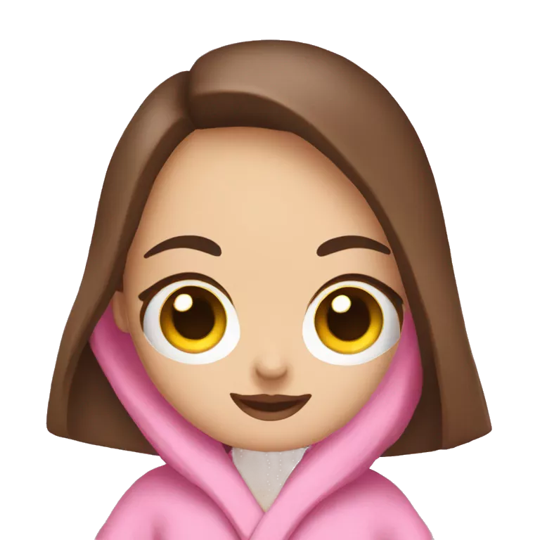 I want a cute female emoji with a round yellow face with big cute eyes with big eyelashes and a feminine mouth and with long dark brown hair and wearing a pink bathrobe