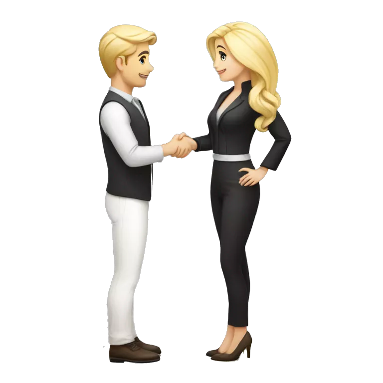 adult restaurant owner with white skin and blogger with white skin and blonde hair shaking hands in great detail and full height