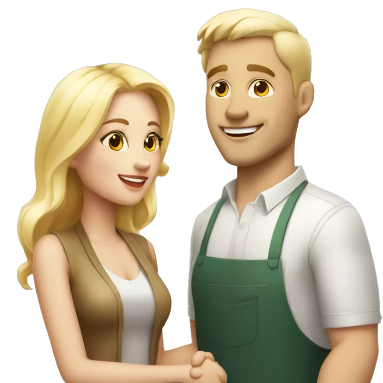 adult restaurant owner with white skin and blogger with white skin and blonde hair shaking hands in great detail and full height