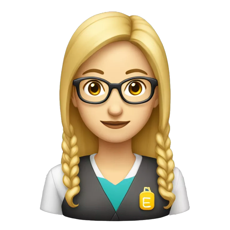 Profesora de matemáticas con gafas doradas y calculadora, rubia y de pelo corto