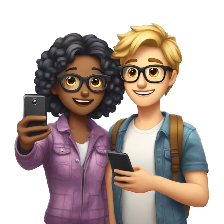 Nerd shy boy taking selfie with cool girl bestie