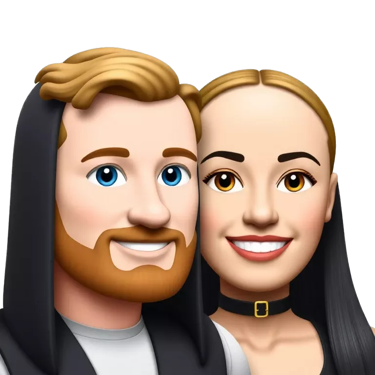 A TOK emoji of White man with ginger hair and a ginger beard  and blue eyes and black woman with long black straight hair