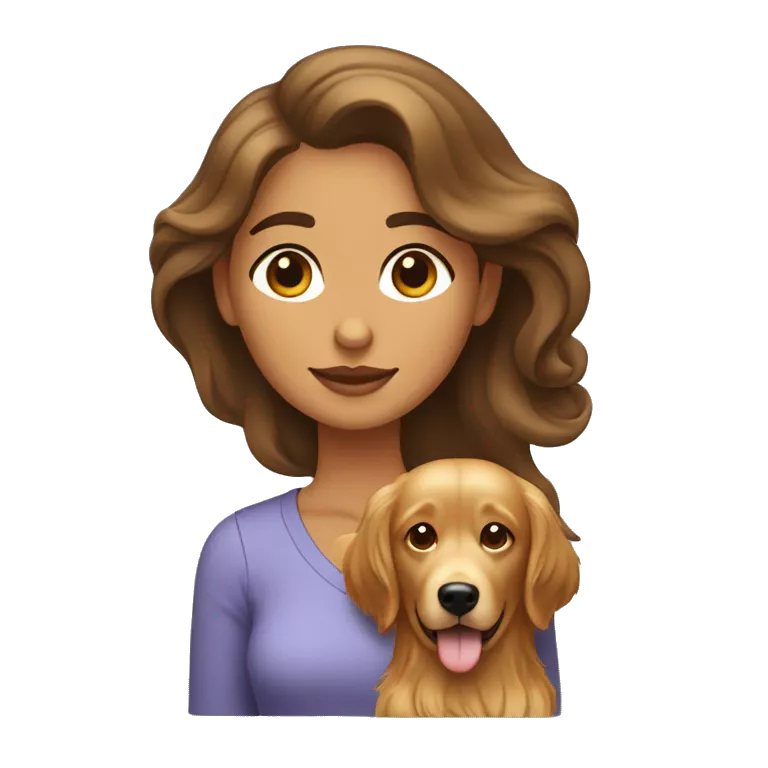 Mujer morena de pelo largo de color marrón oscuro con un perro golden retriver