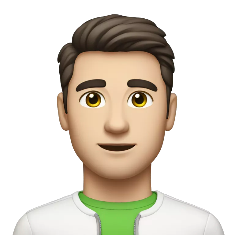 Man with short, dark brown hair with a minimal quiff and green eyes. Have friendly expression, be dressed in a white elegant shirt, and be shown with AirPods and MacBook