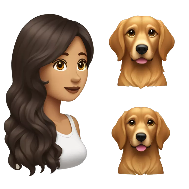 Mujer morena de pelo largo y liso de color marrón oscuro con un perro golden retriver