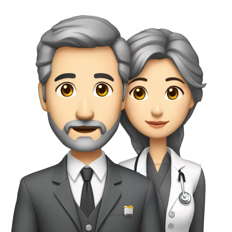 husband preacher middle age dark gray hair trimmed beard business suit, with wife asian age 55 dark hair nurse uniform