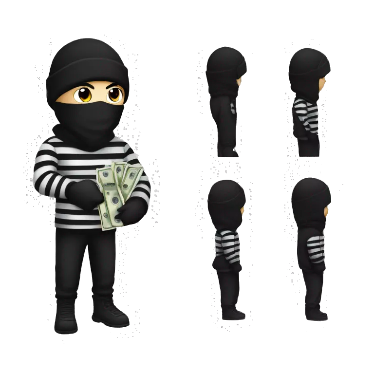 robber with black hair wearing a black beanie and a long sleeved white and black horizontally striped t-shirt and wearing black eye mask and holding a bag of money in their left shoulder