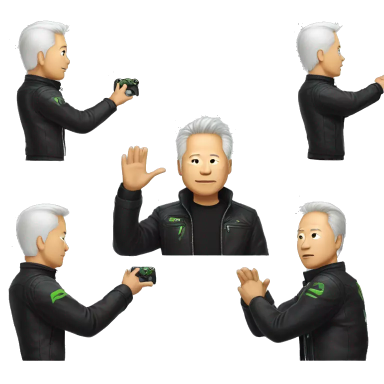 jensen huang with white hair and in black leather plain jacket holding nvidia gpu with both hands