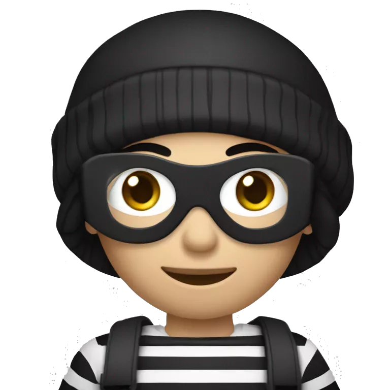 robber with black hair wearing a black beanie and a long sleeved white and black horizontally striped t-shirt and wearing black eye mask and holding a bag of money in their left shoulder