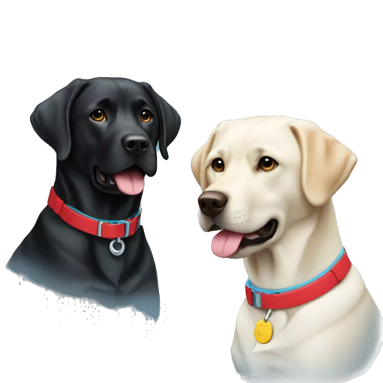 black-coloured labrador on the left with red collar, black-coloured labrador on the right with light blue collar.