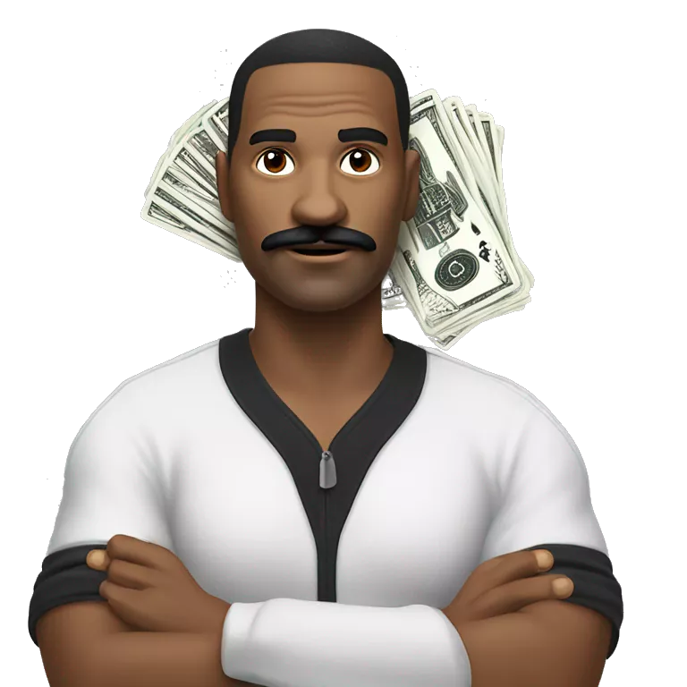 man with black moustache, a sly smirk, wearing track suit, with cash and playing cards in his hands