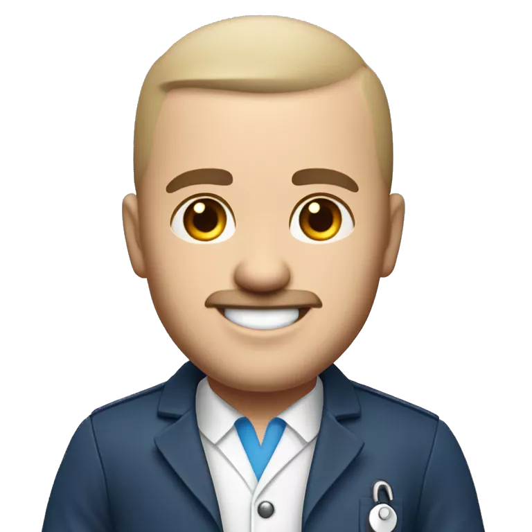 Health insurance agent with semi-bald head but with some hairs on the sides , white-skinned, no eyeglasses, white coat with blue polo inside, no stethoscope, smiling, with few but almost unnoticeable mustache, with slanted eyes, beautiful smile